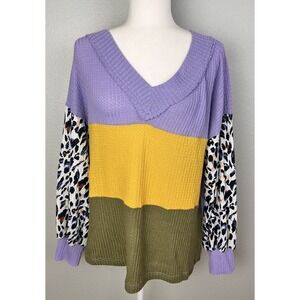 Main strip leopard print Purple pullover V neck Sweater Thermal Womens Sz Medium